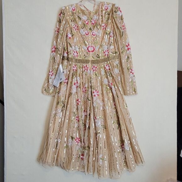 14 MAC DUGGAL FLORAL NEUTRAL TAN BEADED TEA LENGTH Stunning DRESS 5415 NWT - Picture 11 of 13